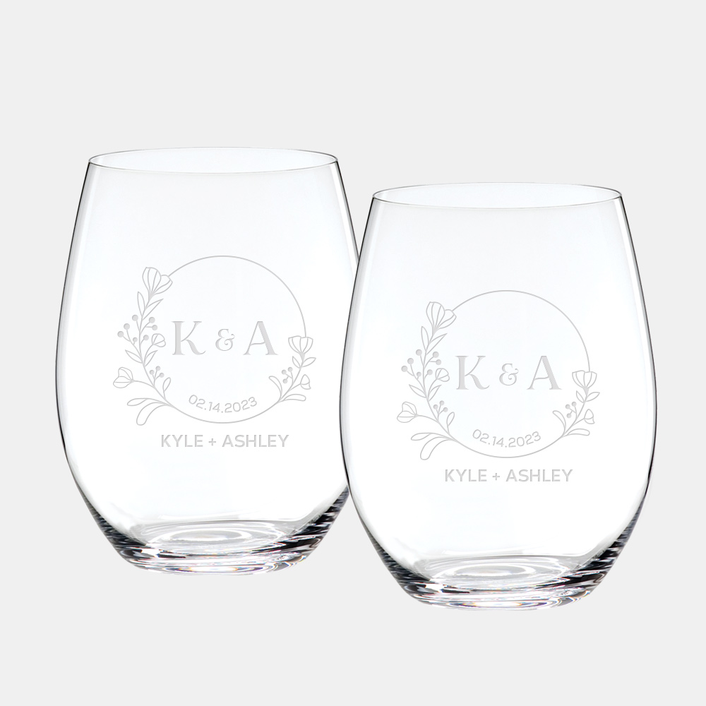 Pre-Designed Wreath Couple Monogram Riedel O Cabernet Merlot Tumbler Pair