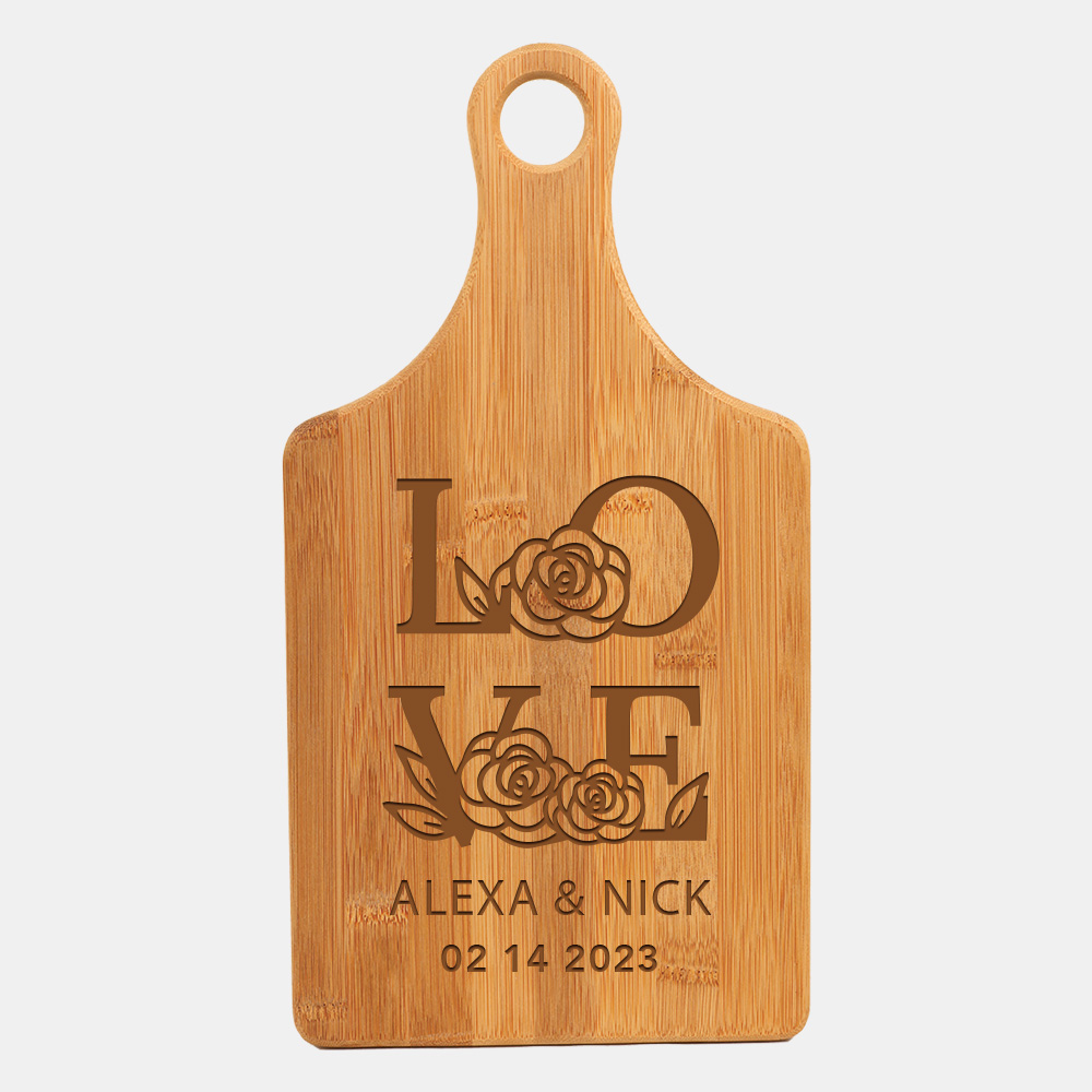 Pre-Designed Love Roses Bamboo Paddle Shape Cutting Board