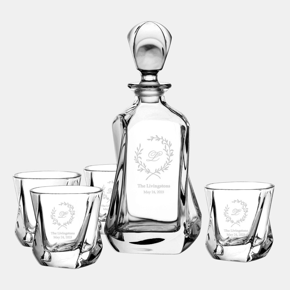 Monogram Wedding JoyJolt Aurora Whiskey Crystal Decanter 5pc Set, 25.3oz & 8.1oz