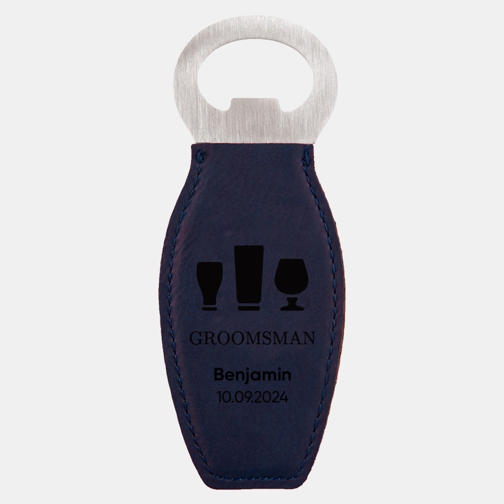 Pre-Designed Groomsman Blue Leatherette Bottle Opener with Magnet