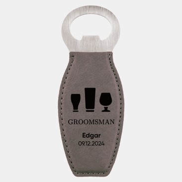 Pre-Designed Groomsman Gray Leatherette Bottle Opener with Magnet