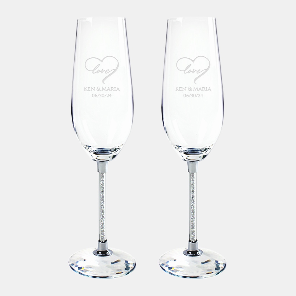 Pre-Designed Love Heart Silver Celebration Champagne Flute Pair