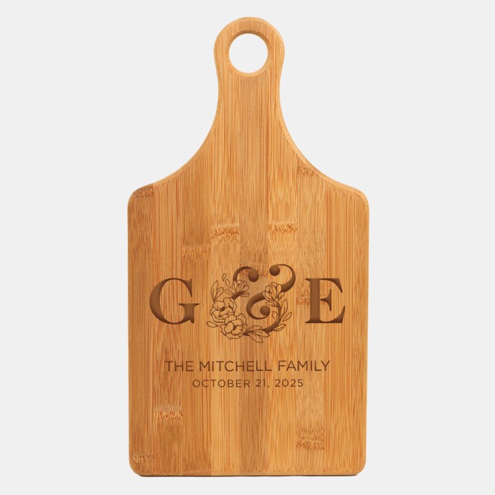 Pre-Designed Couple Floral Ampersand Bamboo Paddle Shape Cutting Board