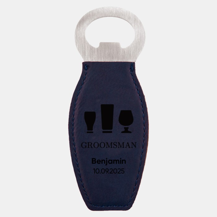 Pre-Designed Groomsman Blue Leatherette Bottle Opener with Magnet