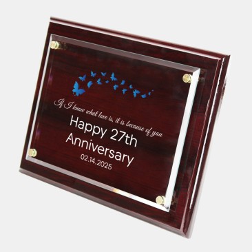 Color Imprinted Floating Acrylic Plate on Gloss Horiz./Verti. Rosewood Plaque