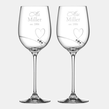 Pre-Designed Mr. & Mrs. Diamante Romance White Wine Glass Pair, 12.7oz