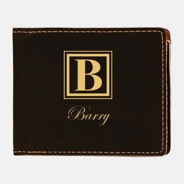 Monogrammed Black/Gold Leatherette Bifold Wallet