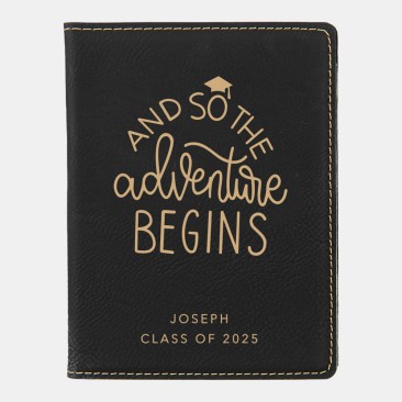 Pre-Designed Adventure Graduation Black/Gold Leatherette Passport Holder