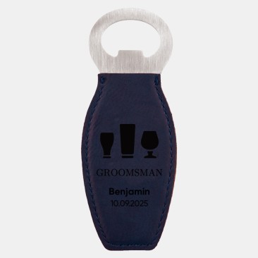 Pre-Designed Groomsman Blue Leatherette Bottle Opener with Magnet