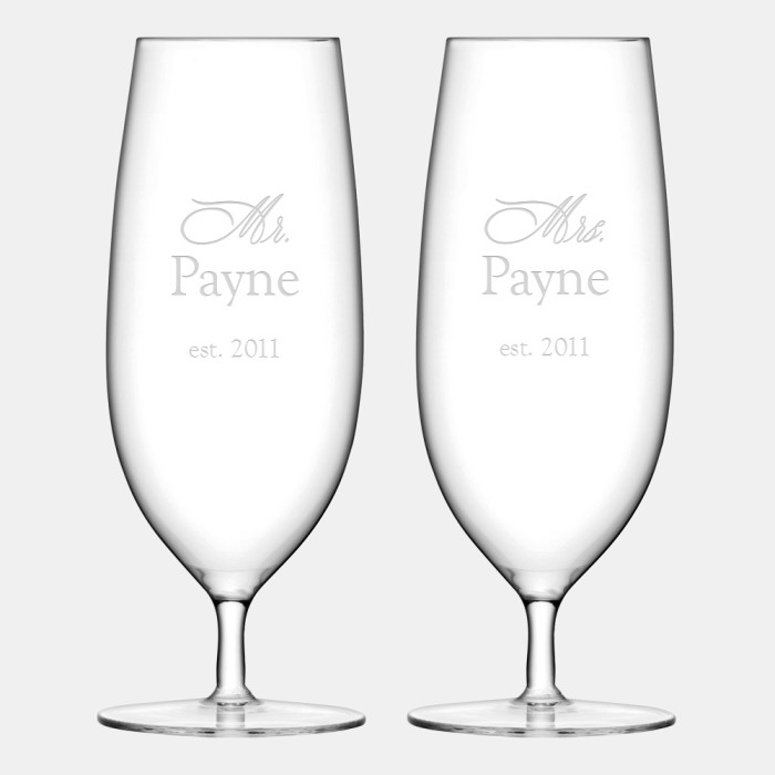 Pre-Designed Mr. & Mrs. LSA Bar Pilsner Glass Pair, 15oz